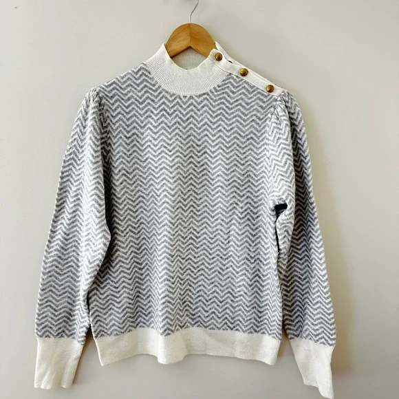 J.Crew Button-Detail Mockneck Sweater in Herringbone - Grey / White NWT - Picture 4 of 7